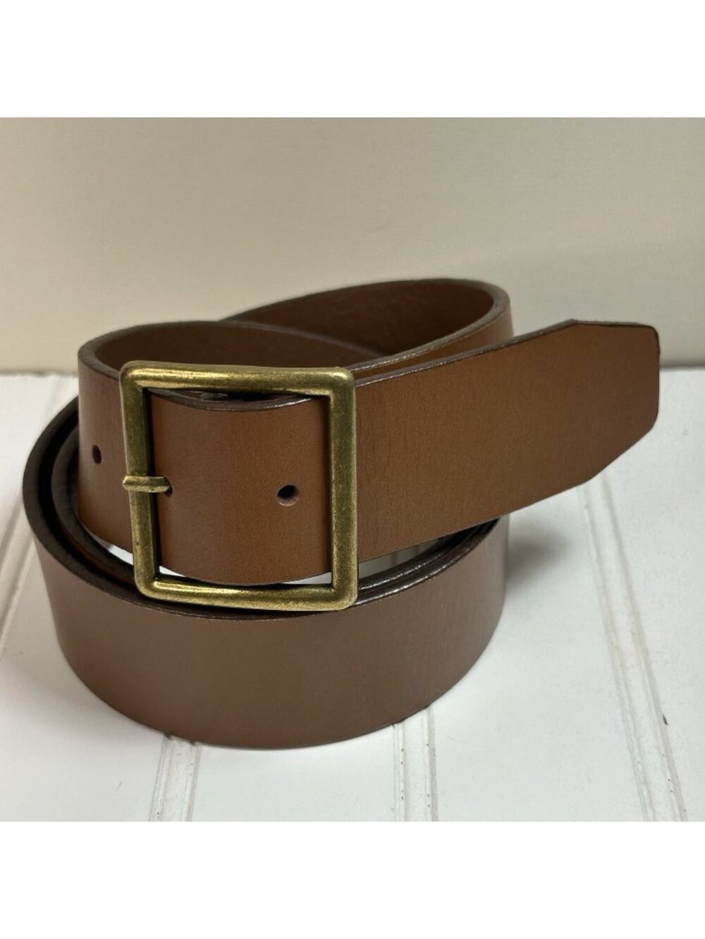 J. Crew Brown Leather Belt Size 34 Gold Toned Rustic Buckle Casual Unisex Boho